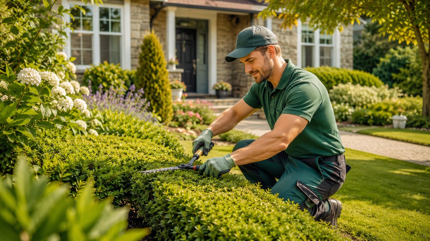 Gartenservice-Mitarbeiter bei der Heckenpflege vor einem gepflegten Haus