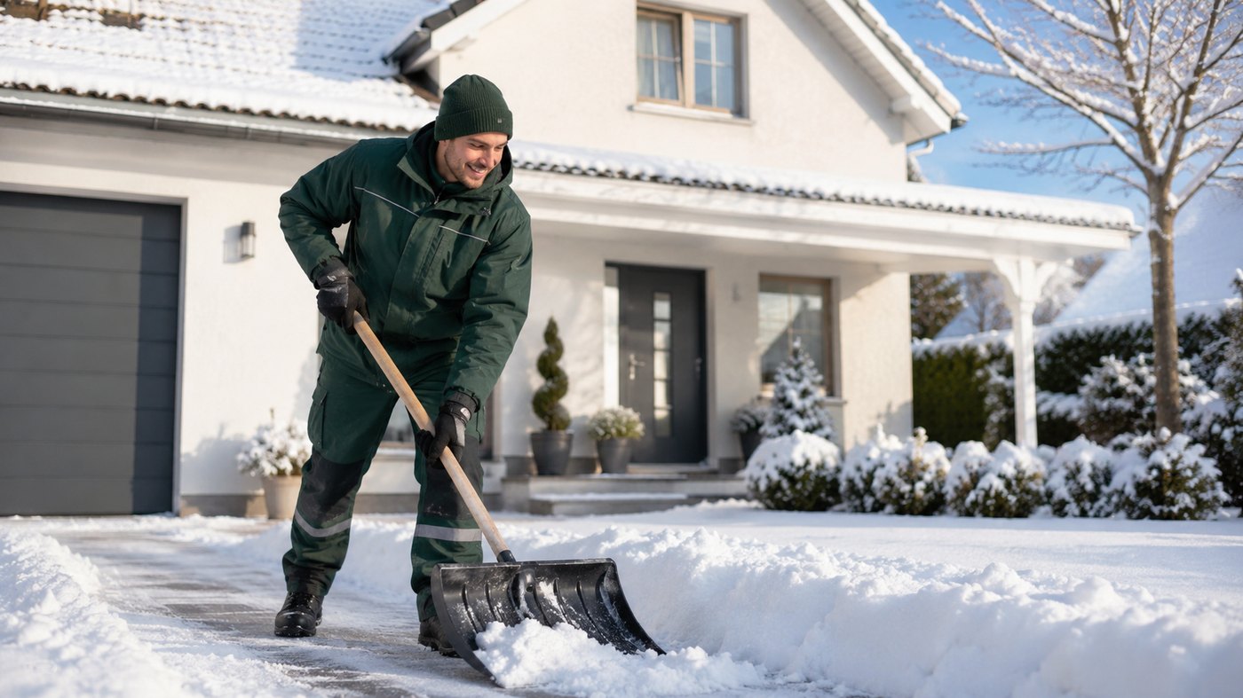 Winterservice beim Schneeschaufeln vor einem Wohnhaus