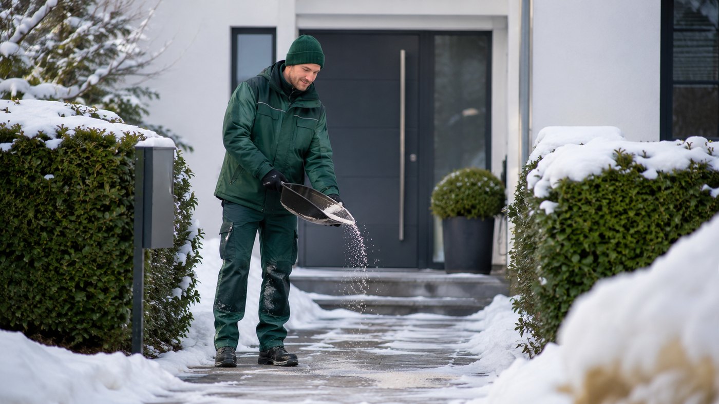 Winterservice beim Streuen eines Gehwegs